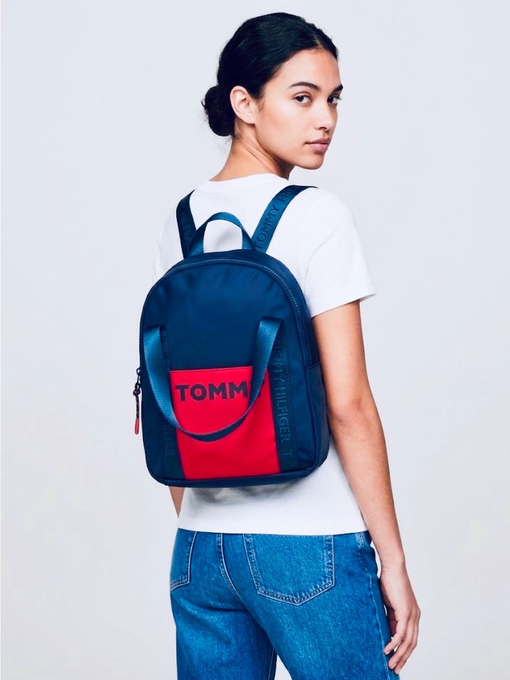 Tommy Hilfiger Blue and Red Small Backpack Purse | Mini Crossbody Bag